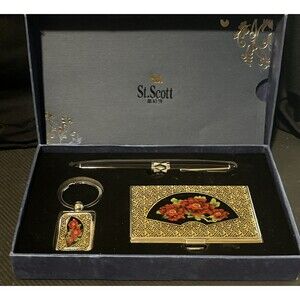 Vintage St.Scott London 3-Piece Executive Gift Set-Floral Fan Cloisonné Motif